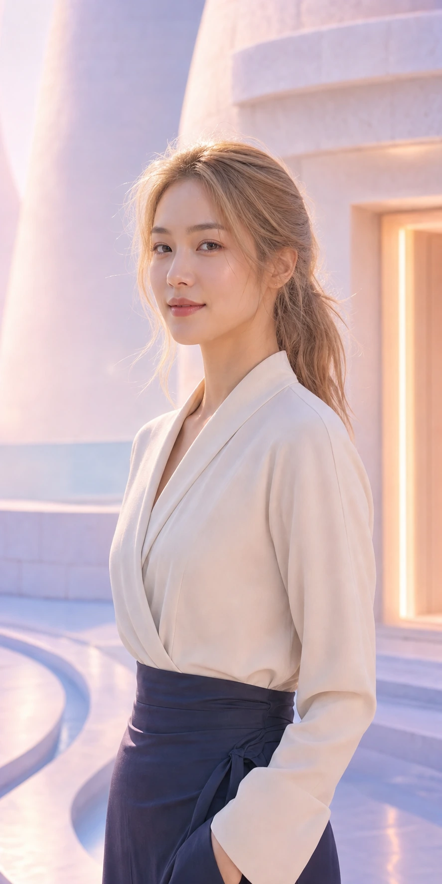 파스텔 한증막 공간에 서 있는 여성 모델